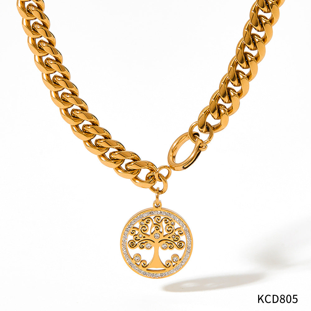 Collar de clavícula de temperamento de árbol de la vida hueco chapado en oro de acero inoxidable al por mayor